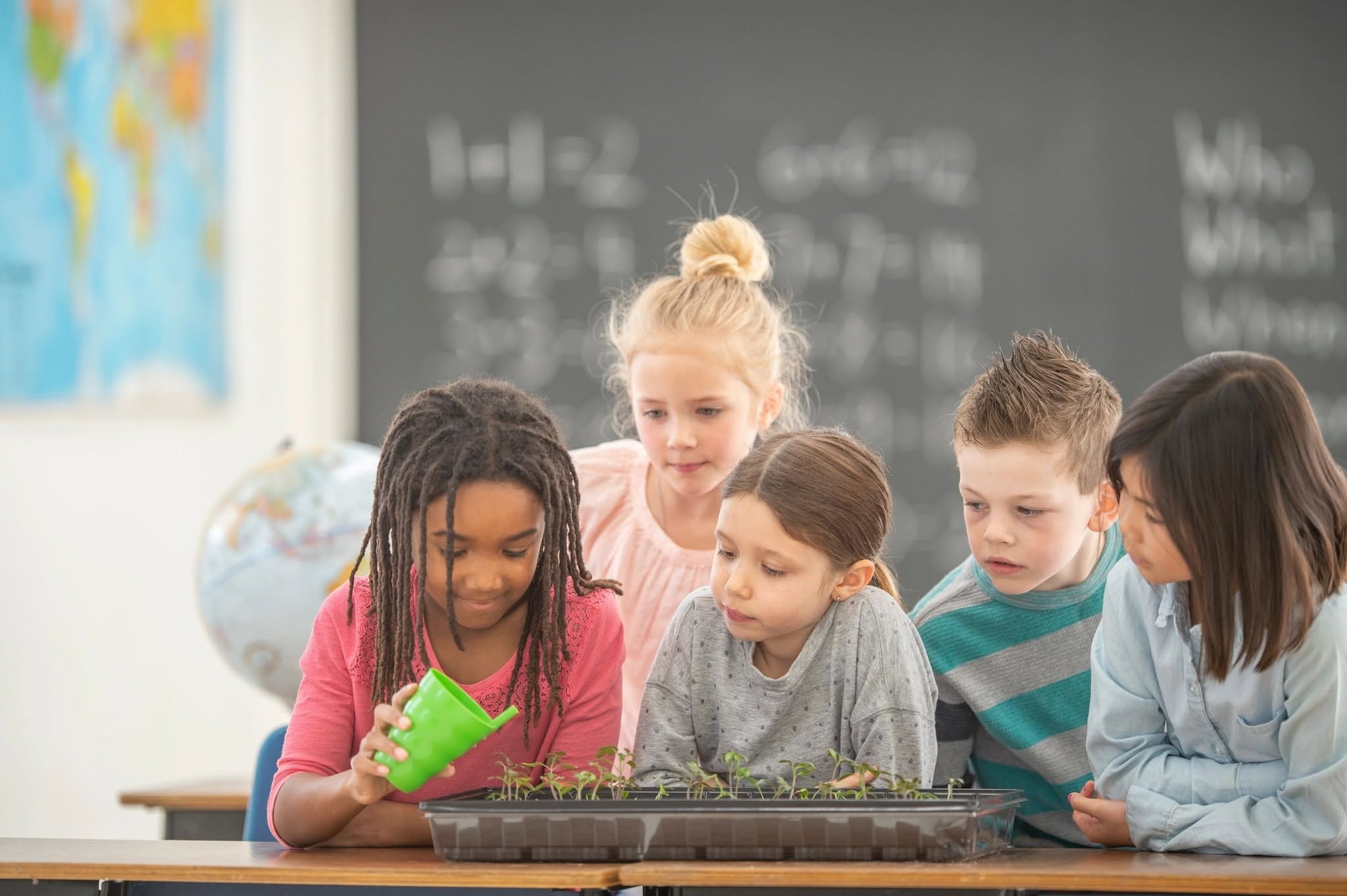Diverse children watering seedlings together in classroom science lesson